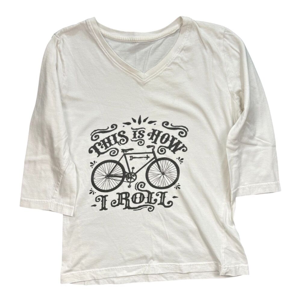 Cycling White Graphic Print T Shirt Medium 3/4 Sleeve THIS IS HOW I ROLL Bicycle - Picture 2 of 6